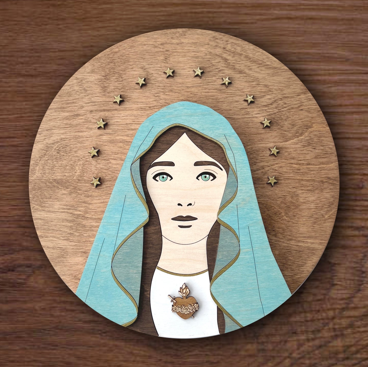 Blessed Virgin Mary Portrait - Round Wood Sign