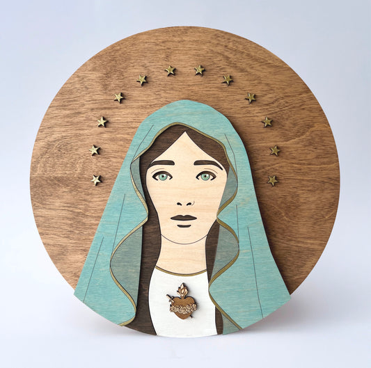 Blessed Virgin Mary Portrait - Round Wood Sign