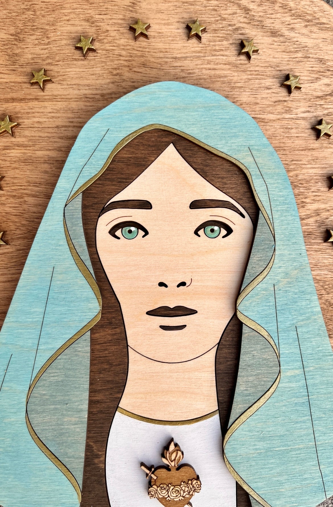 Blessed Virgin Mary Portrait - Round Wood Sign